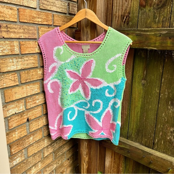 Sigrid Olsen Sport Pink and Green Knit Top w/ Sequins - Picture 1 of 4